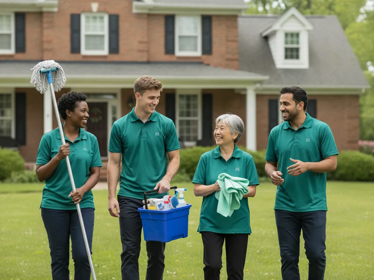 Four BH Cleaning crew members standing with supplies outside a Metro Detroit house