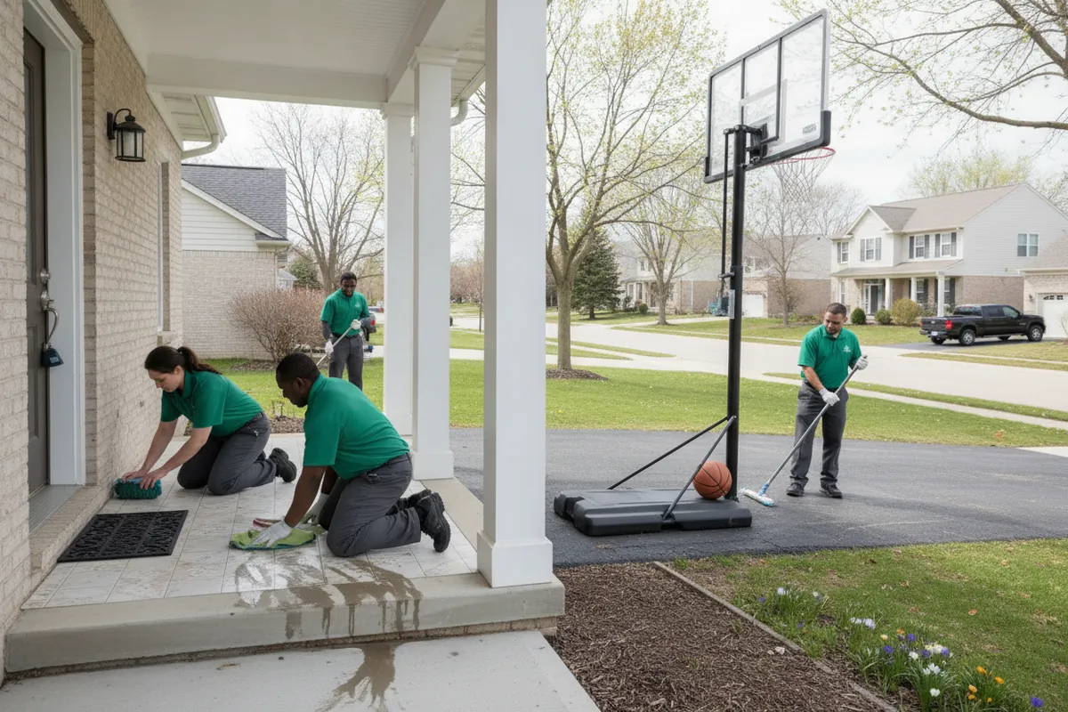Cleaning visit in Canton, Michigan: A newer Canton subdivision colonial with a front porch and a basketball hoop in the driveway, spring mud on the walk, a crew in spruce BH polos wiping the entry tile.
