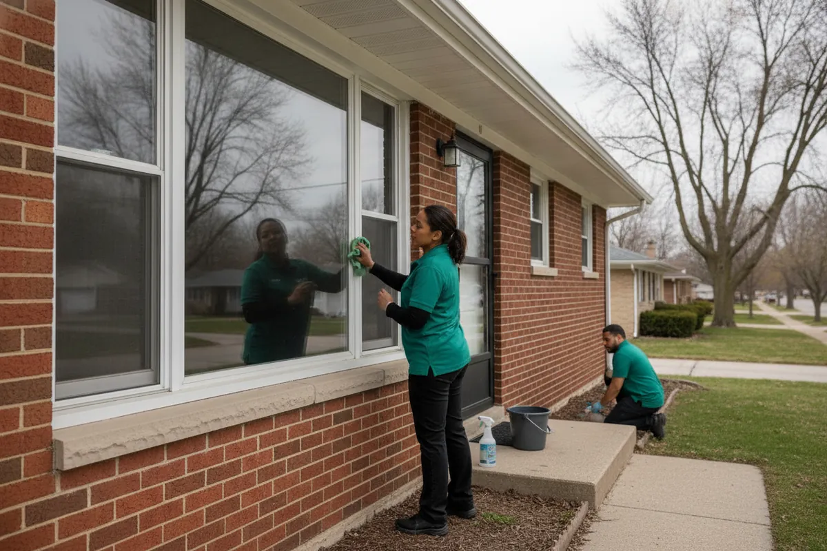 Cleaning visit in Dearborn Heights, Michigan: A low brick ranch in Dearborn Heights with a picture window and a short front walk, a cleaner wiping the storm door, spruce polo, gray March sky.