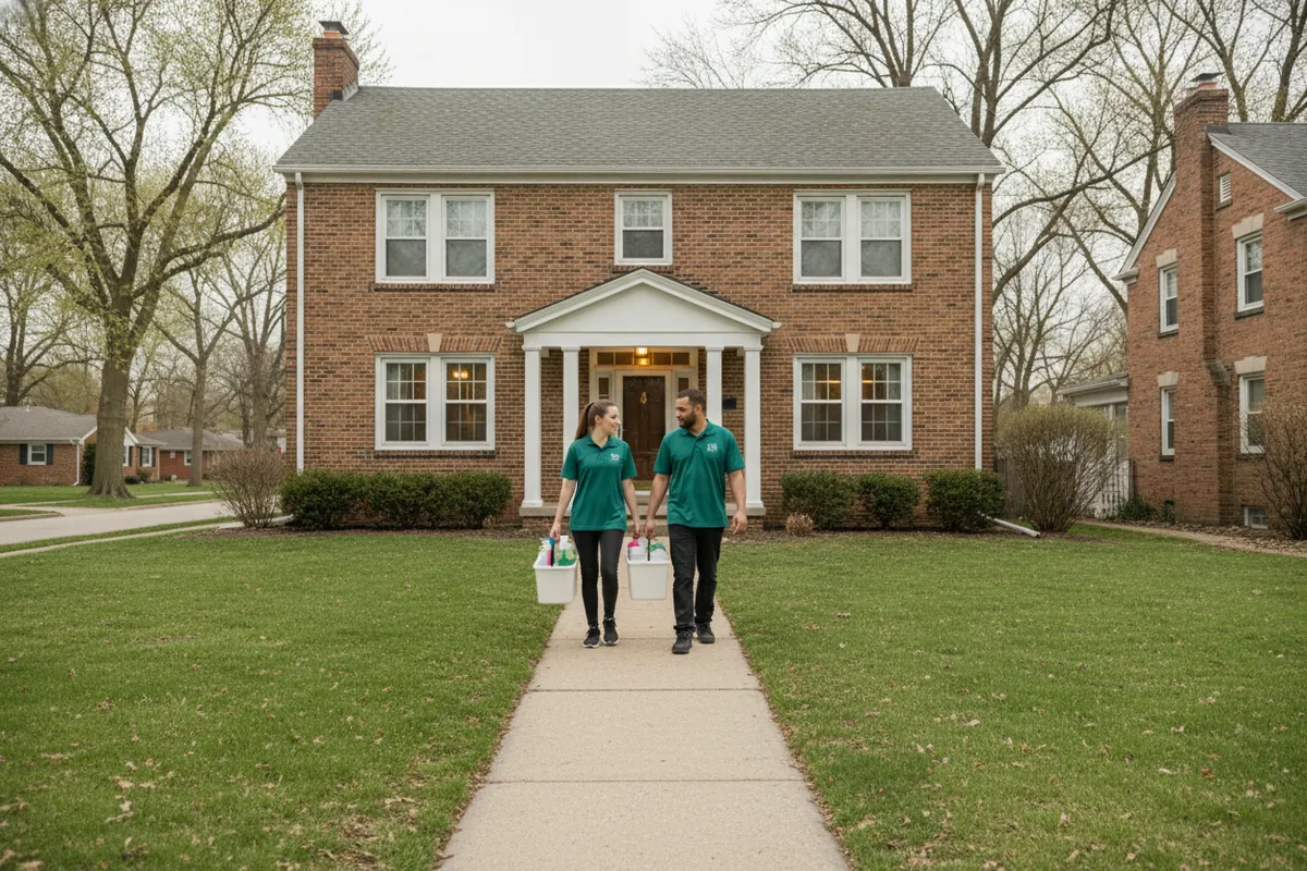 Cleaning visit in Dearborn, Michigan: A brick Dearborn colonial on a straight residential street, porch light on, two cleaners in spruce uniforms carrying a caddy up the front walk, overcast Michigan afternoon.