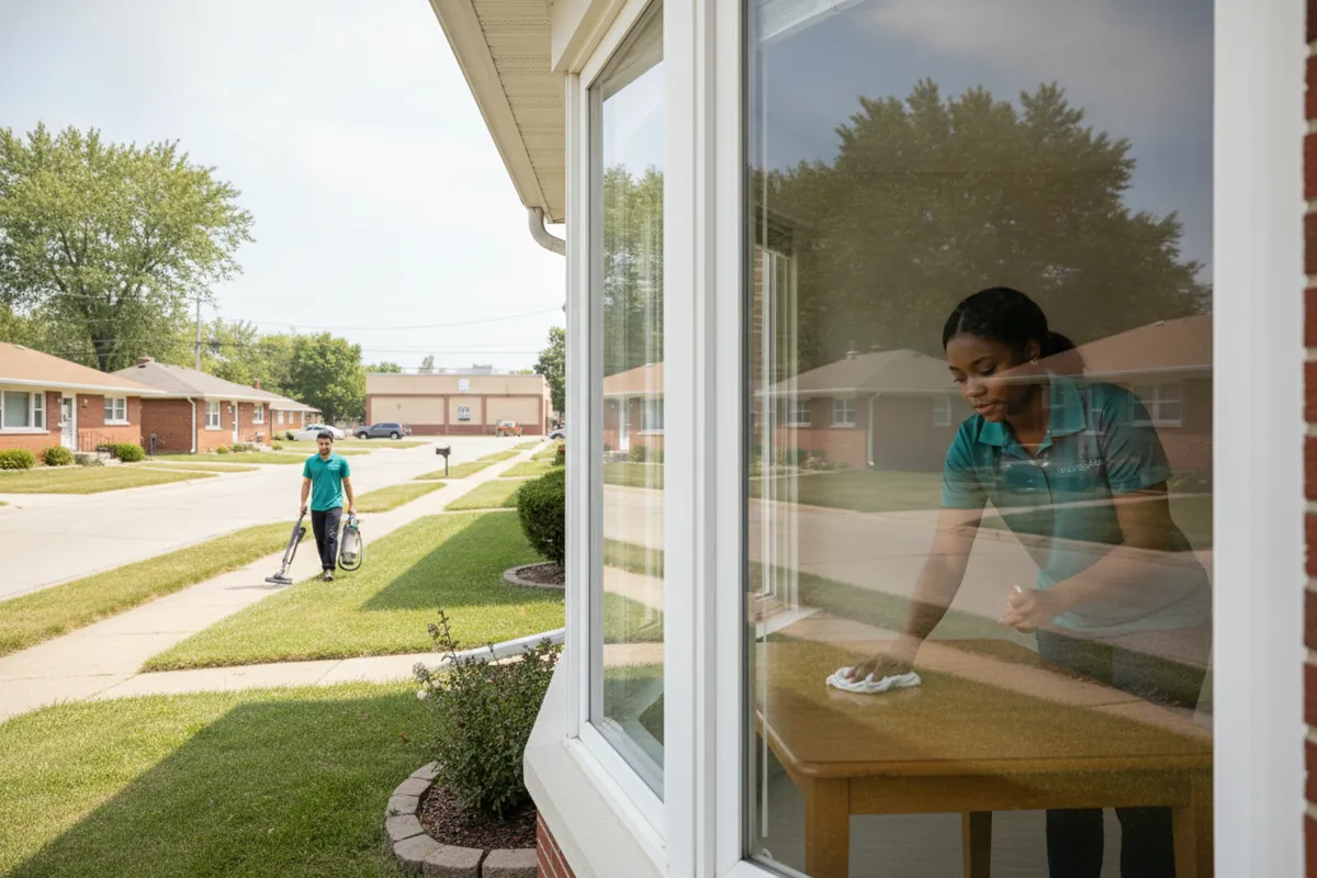 Cleaning visit in Fraser, Michigan: A Fraser residential block of small brick houses, a cleaner wiping a kitchen table, spruce polo, a low commercial building far at the end of the street with no readable sign.