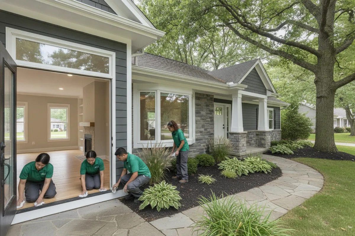 Cleaning visit in Novi, Michigan: A newer Novi home with a front porch and fresh landscaping, a crew in spruce uniforms wiping baseboards in an otherwise finished living room, daylight.