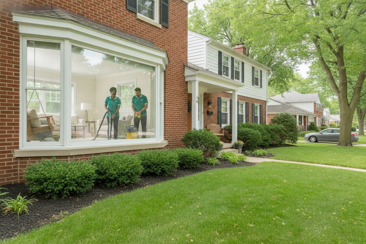 Cleaning visit in Oak Park, Michigan: An Oak Park colonial with a front porch and a trimmed lawn, two cleaners in spruce uniforms, one vacuuming the living room visible through the window, weekday afternoon.