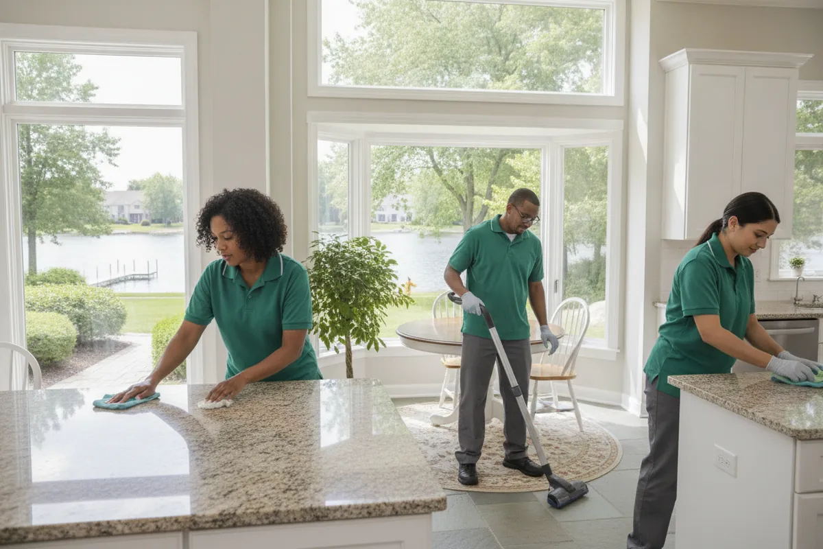 Cleaning visit in West Bloomfield, Michigan: A West Bloomfield home with a landscaped front and a glimpse of a lake at the side yard, cleaners in spruce polos working in a bright kitchen, realistic, no luxury-ad styling.
