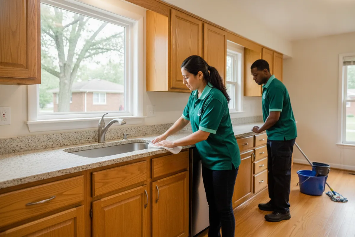 Cleaner wiping a kitchen counter in a sunlit Metro Detroit home