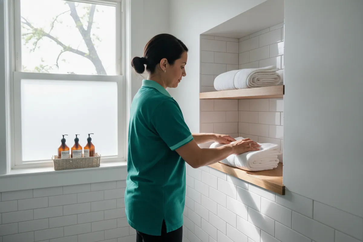 Cleaner staging white towels in a bright short-term rental bathroom in Metro Detroit
