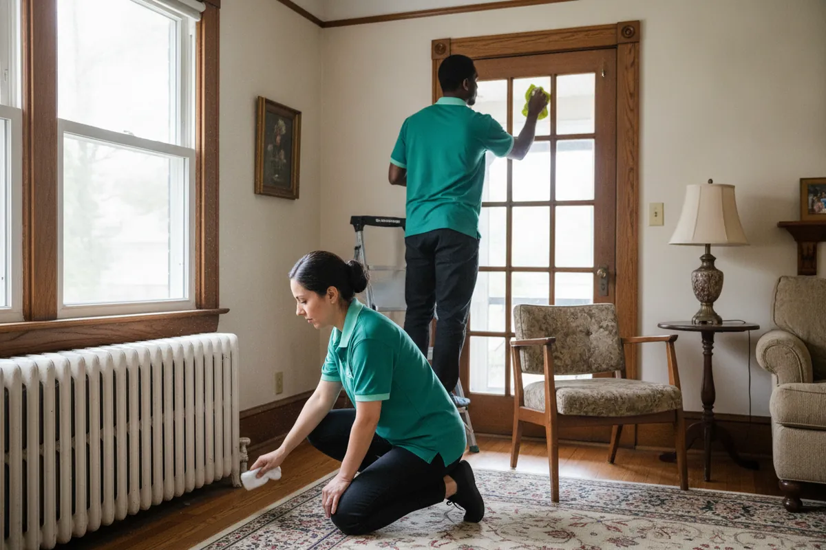 Cleaner detailing baseboards and a door frame in an older Metro Detroit living room