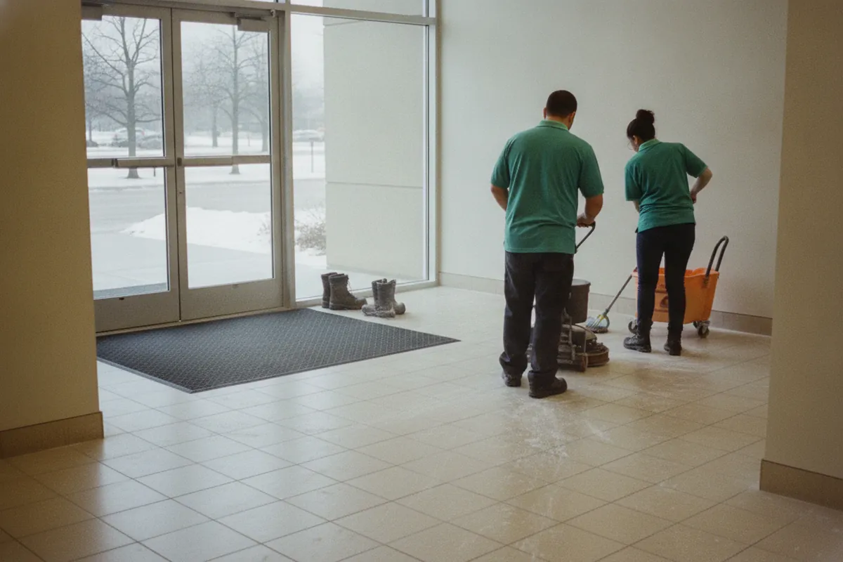 Cleaner scrubbing a salt-hazed tile entry in a Metro Detroit building