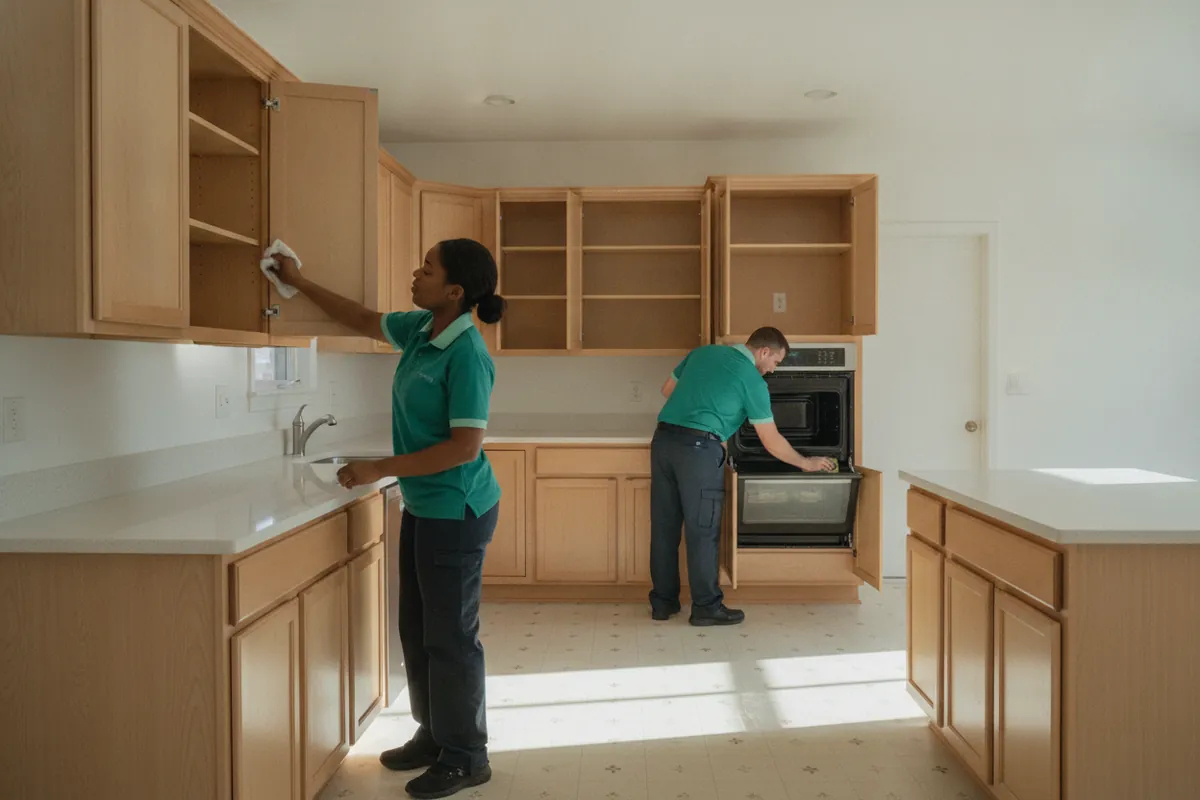 Cleaner wiping empty kitchen cabinets in a vacant Metro Detroit home