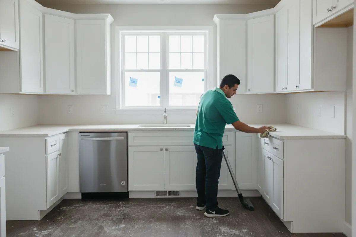 Cleaner removing fine drywall dust from a newly renovated Metro Detroit kitchen