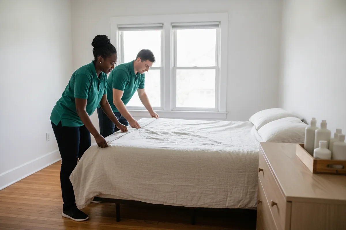 Two cleaners in spruce BH polos making a bed in a sunlit Metro Detroit bungalow bedroom