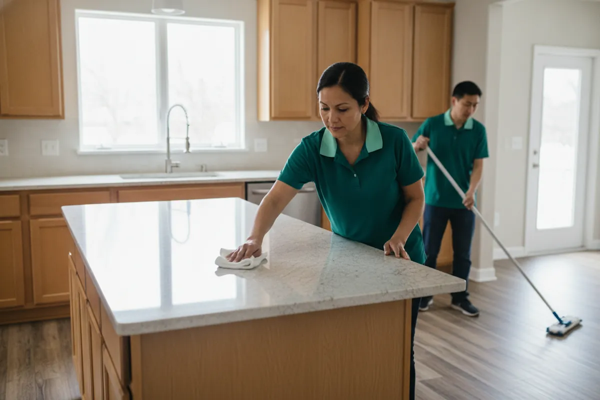 Cleaner wiping a kitchen island in a Metro Detroit colonial, spruce uniform, morning light