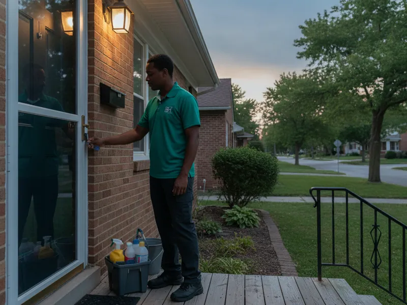 Cleaner locking a Metro Detroit front door at dusk after a visit