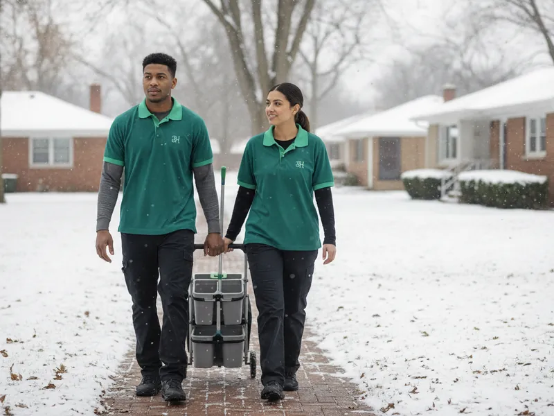 BH cleaning van-free crew walking a Metro Detroit residential sidewalk in light snow