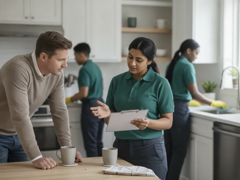 Cleaner reviewing a plain clipboard with a homeowner at a kitchen table